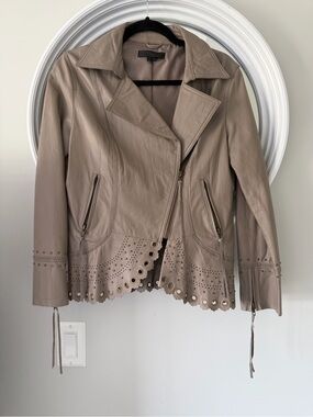 São Paulo Taupe Genuine Leather Moto Jacket Studded Laser Cut Hem Size S 4